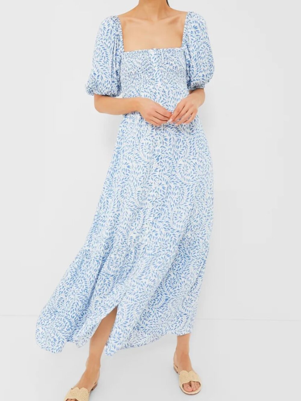 Emerson Fry "Santiago" Blue and White Puff-Sleeve Maxi Dress